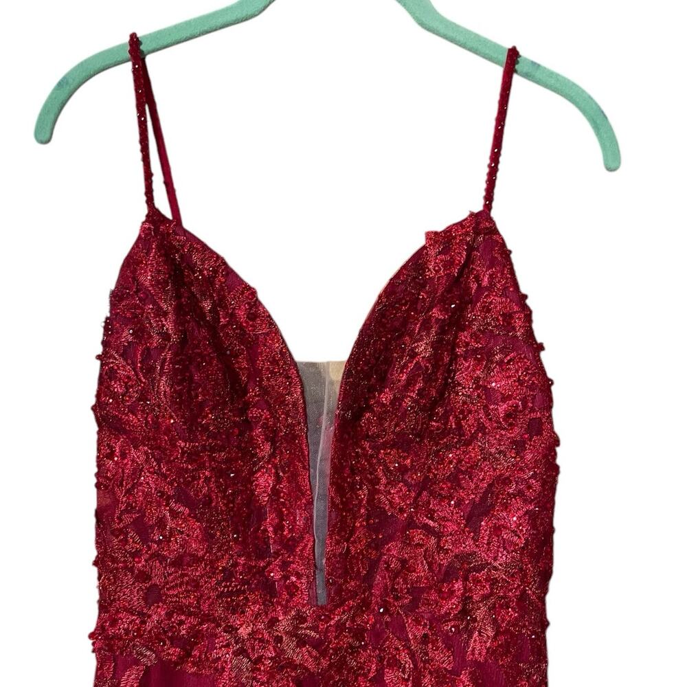 Mac Duggal Burgundy Beaded Spaghetti Strap Maxi Gown - Picture 9 of 12